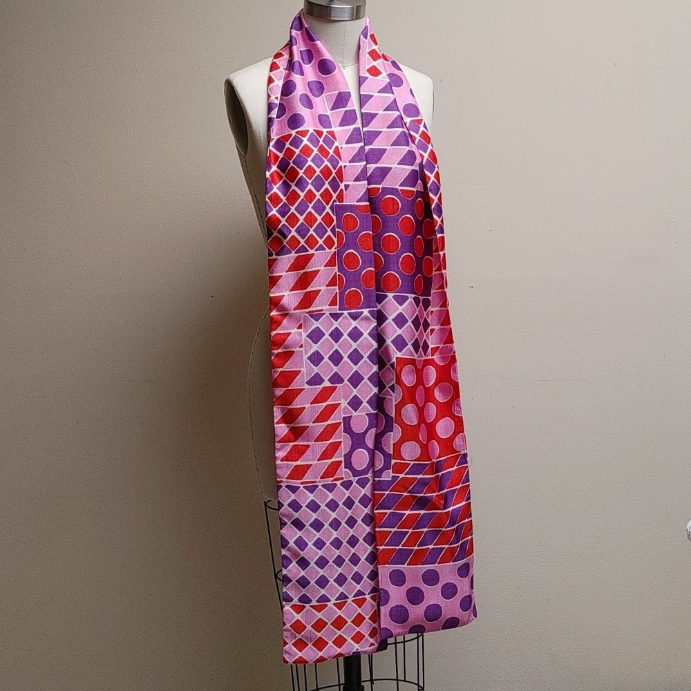 Vintage Sash Scarf Wrap in Circle Diamond Square Print Pink Purple Orange White - Picture 3 of 16